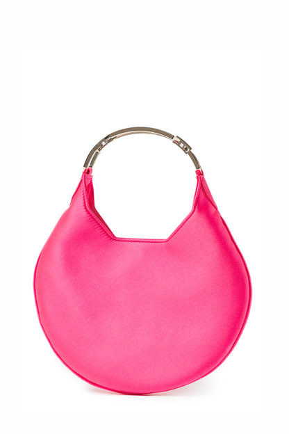 Satin, crescent shaped small evening bag with diamante pale gold metal handle in Fuchsia- front