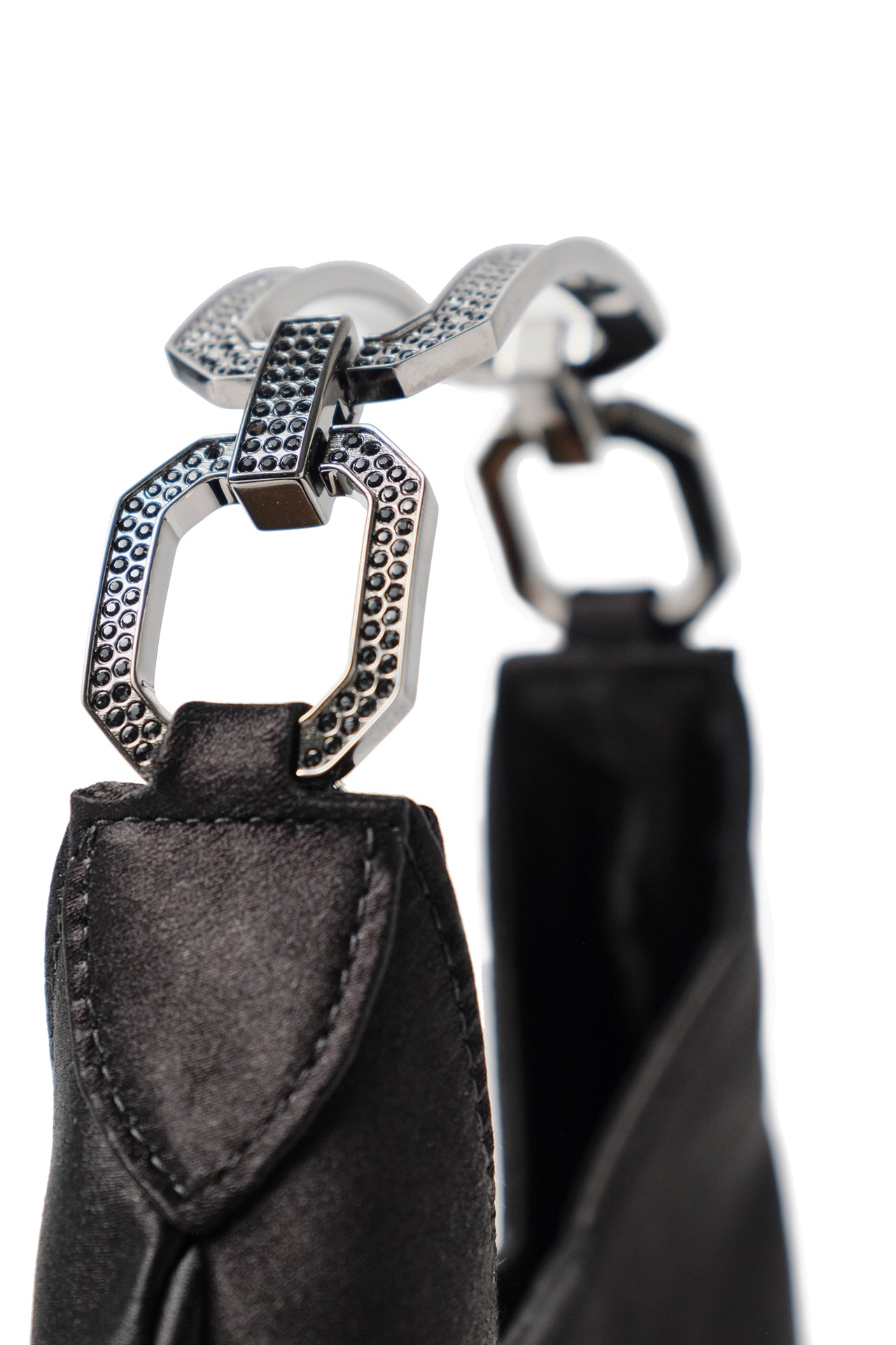 Satin, crescent shaped small evening bag with diamante gunmetal handle in Noir- side detail