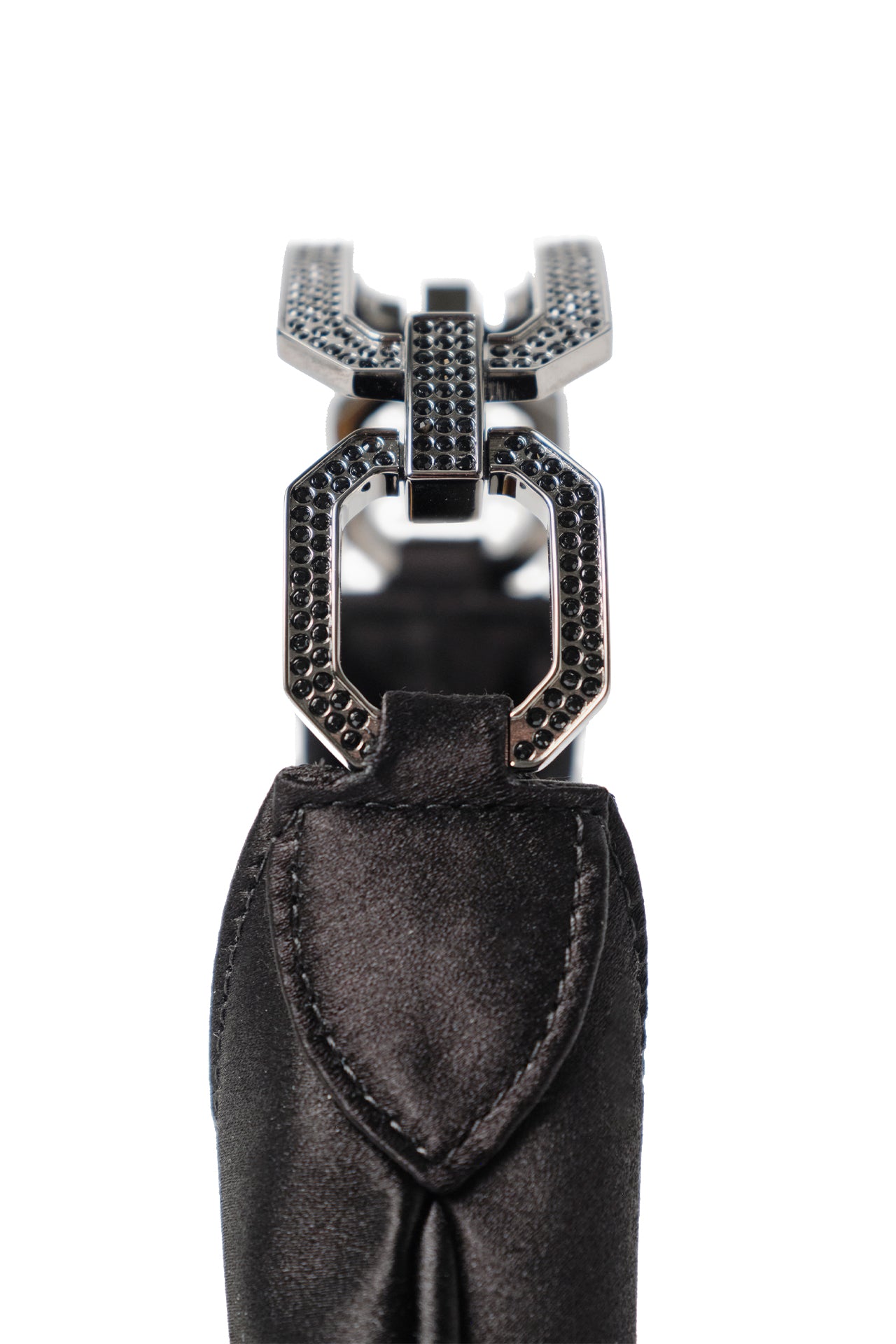 Satin, crescent shaped small evening bag with diamante gunmetal handle in Noir- side detail