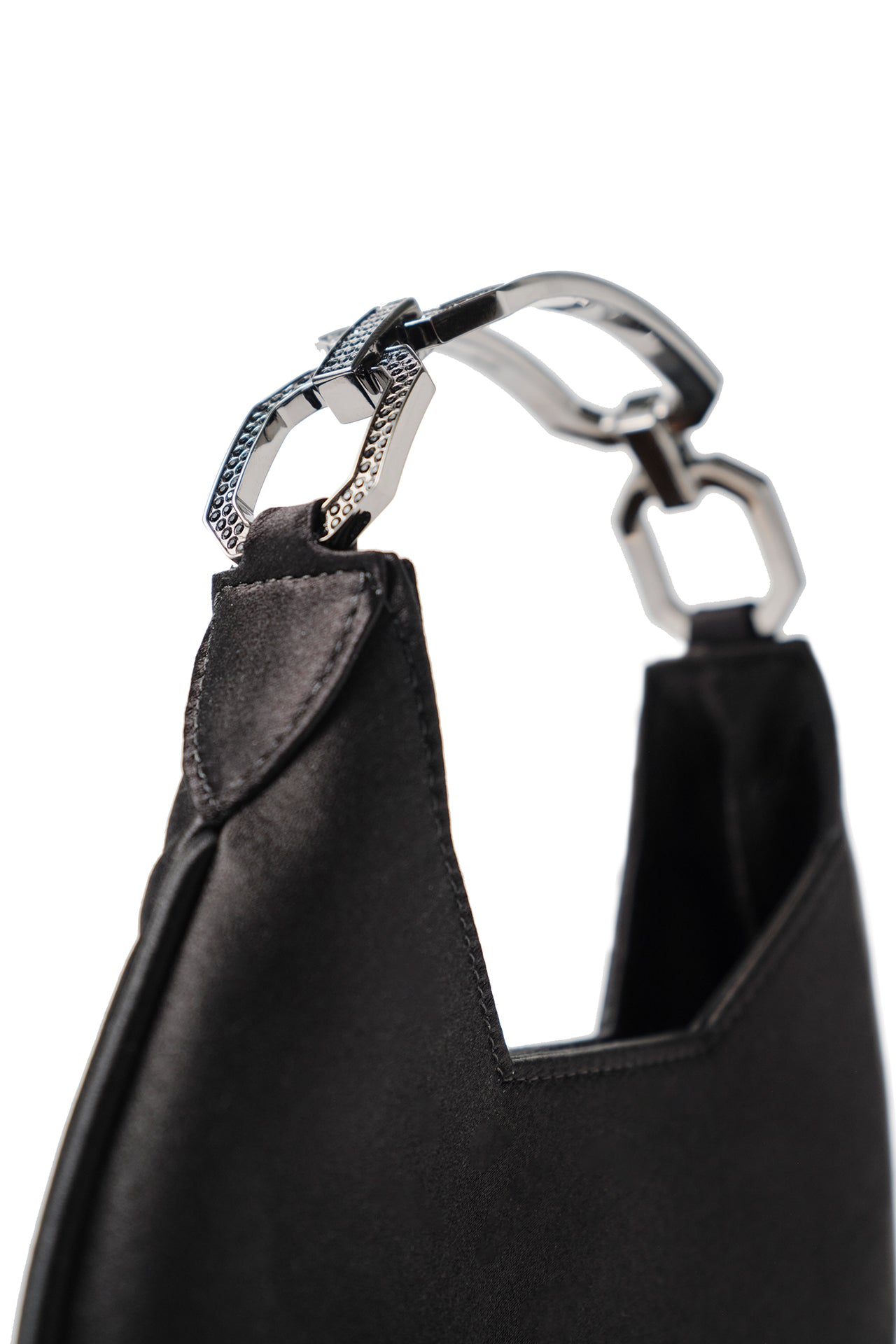 Satin, crescent shaped small evening bag with diamante gunmetal handle in Noir- side detail