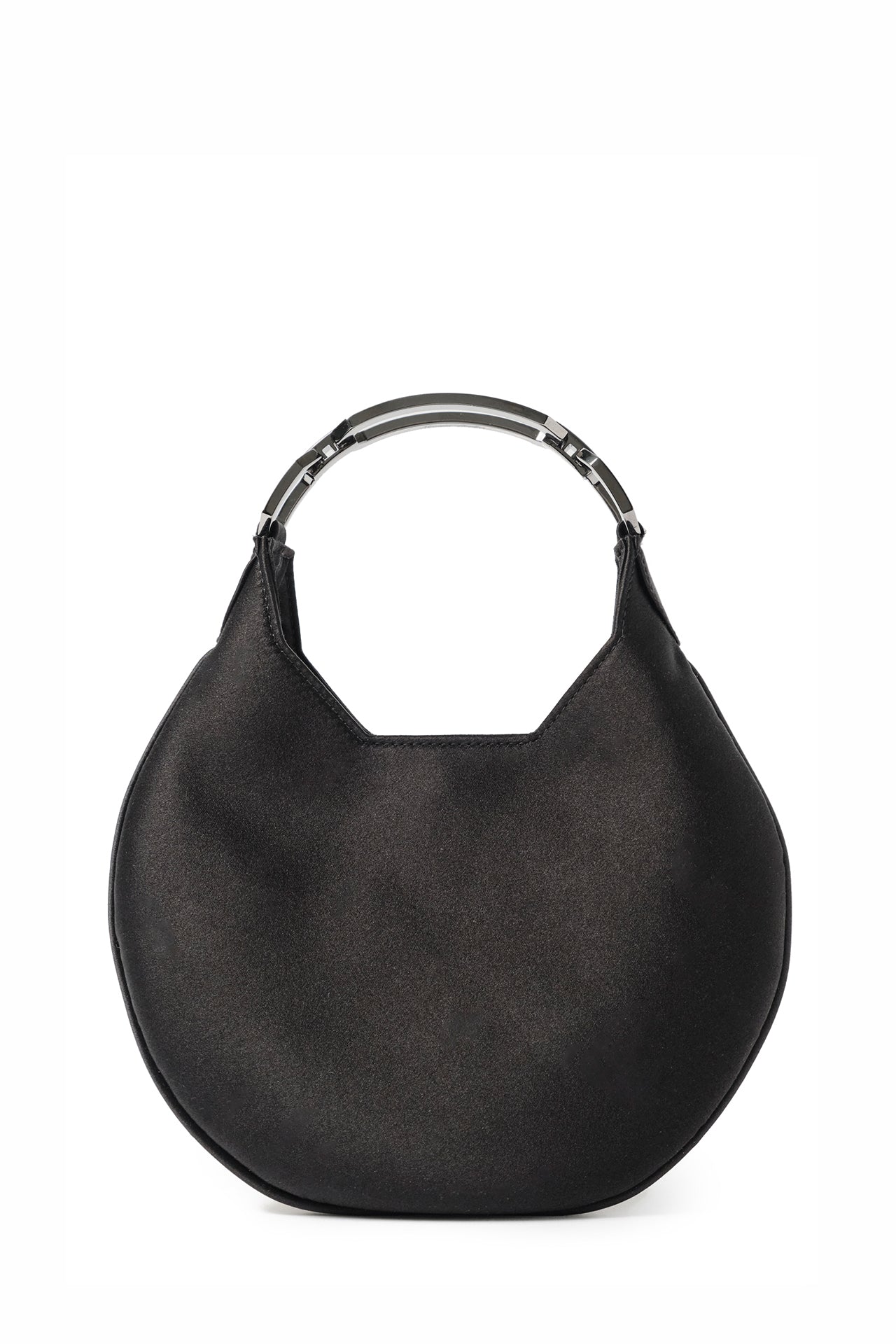 Satin, crescent shaped small evening bag with diamante gunmetal handle in Noir- front