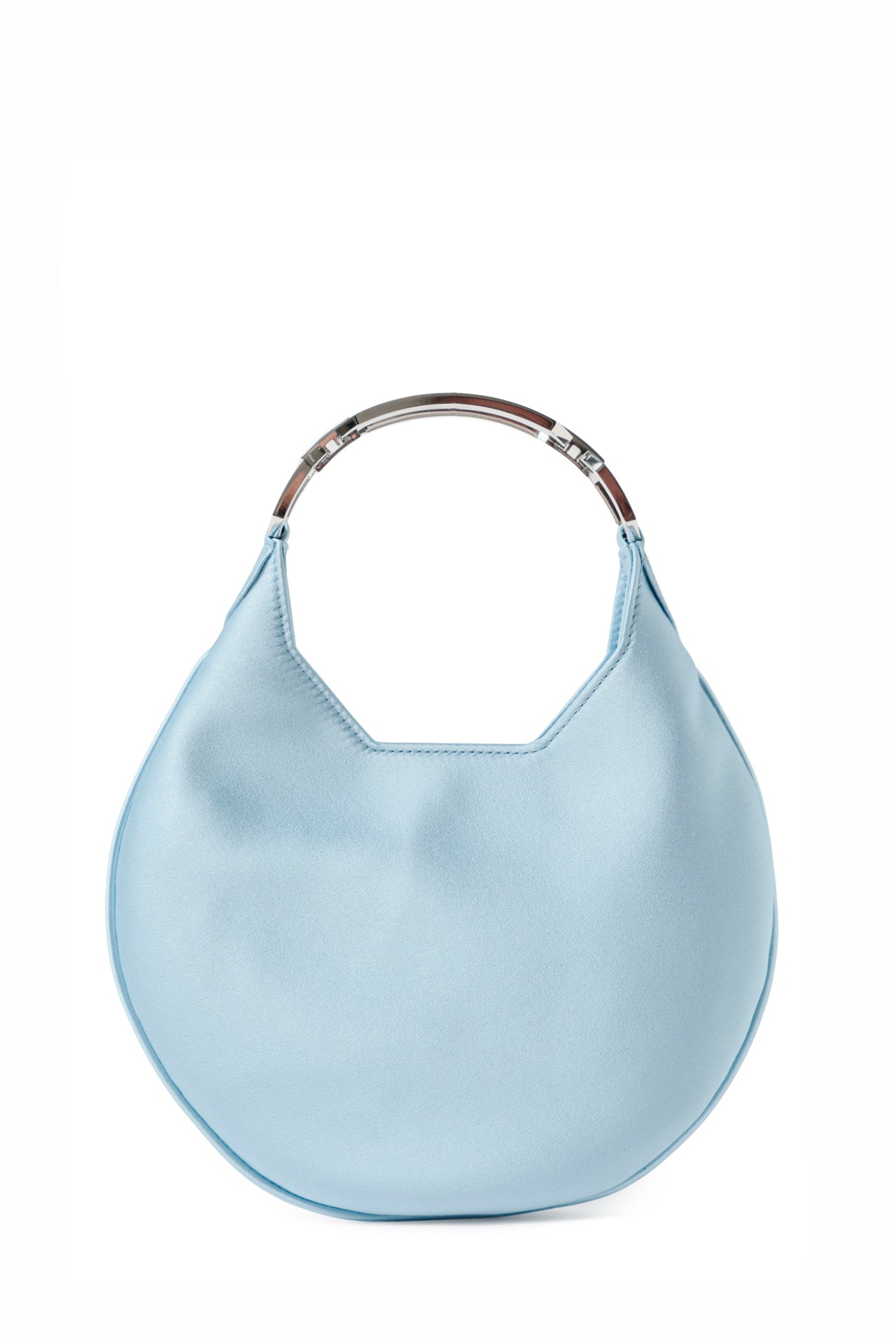 Satin, crescent shaped small evening bag with diamante nickel metal handle in Pale Blue- front