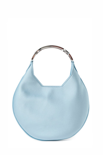 Satin, crescent shaped small evening bag with diamante nickel metal handle in Pale Blue- front