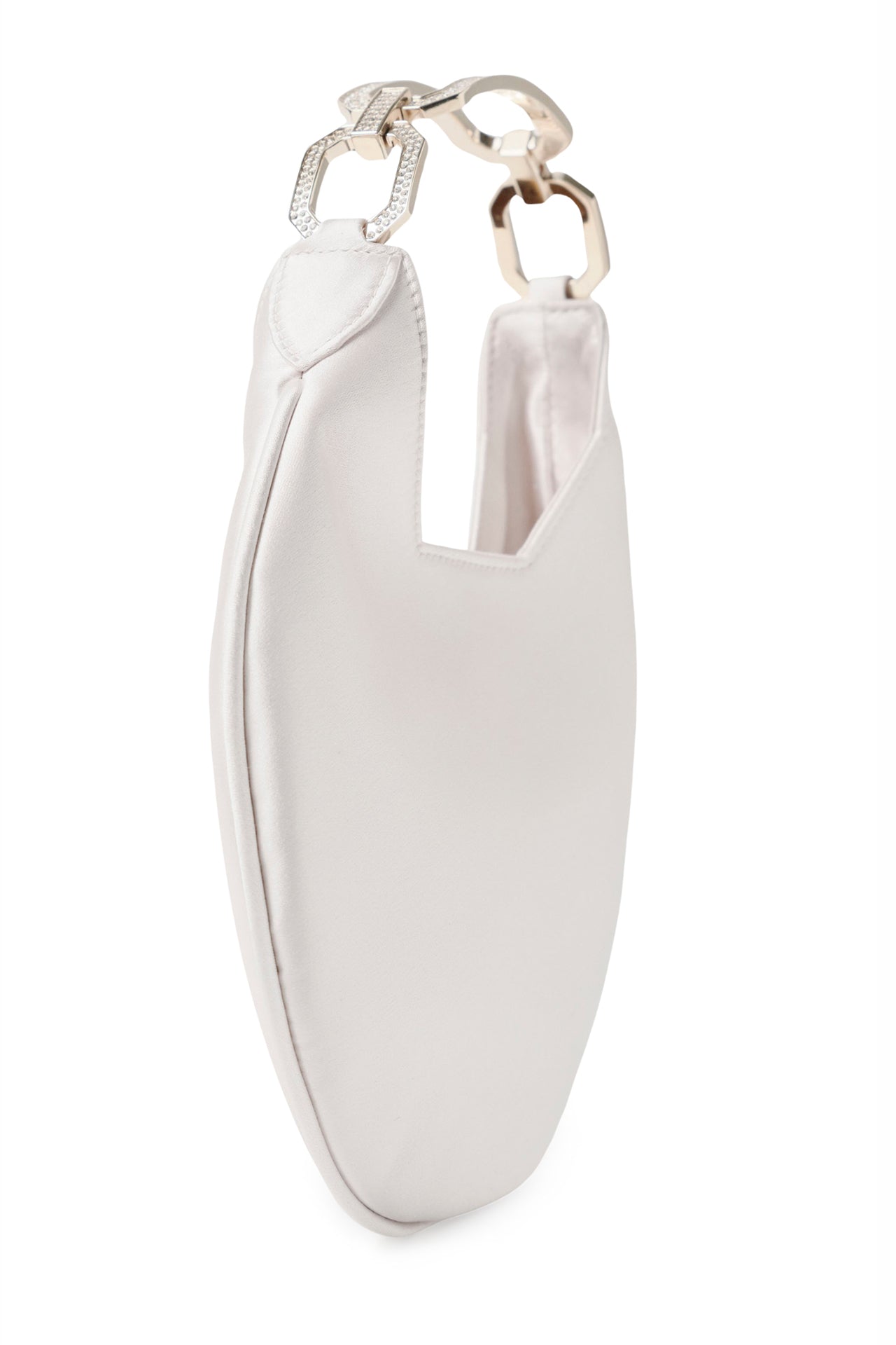 Satin, crescent shaped small evening bag with diamante pale gold metal handle in Pearl- side