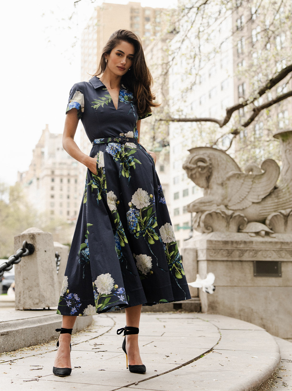 Monique Lhuillier short sleeve, collared day dress in blue multi floral print.