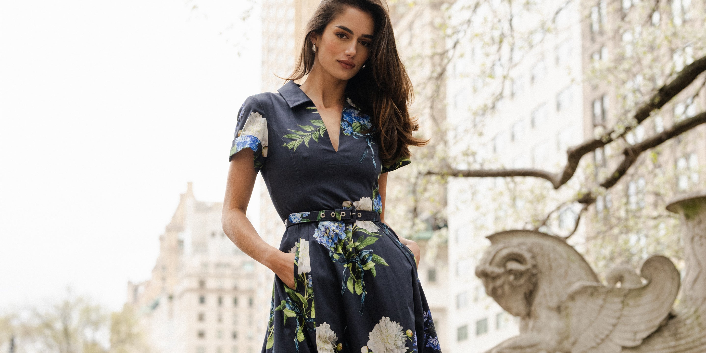 Monique Lhuillier short sleeve, collared day dress in blue multi floral print.