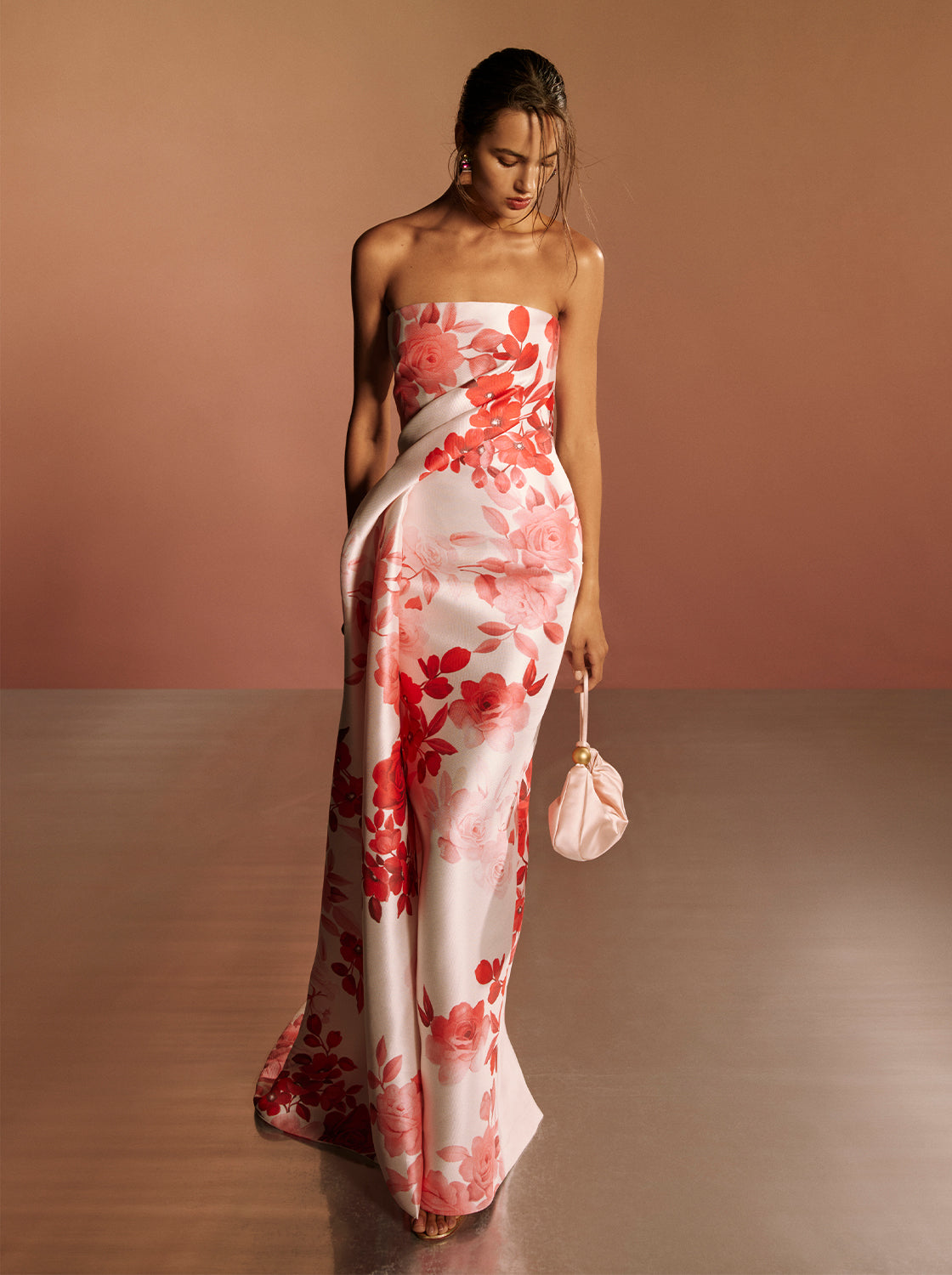 Monique Lhuillier Spring 2026 Rose Ombre Printed Pique Satin Pink/Multi Strapless draped column gown with train -  lookbook.