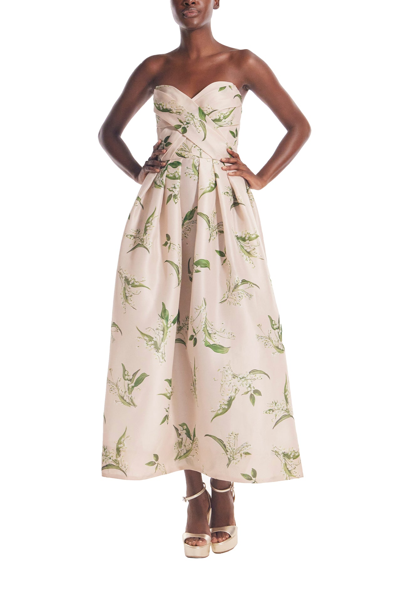 Monique Lhuillier strapless, midi length "Florette" dress in blush & leaf printed organza - front.