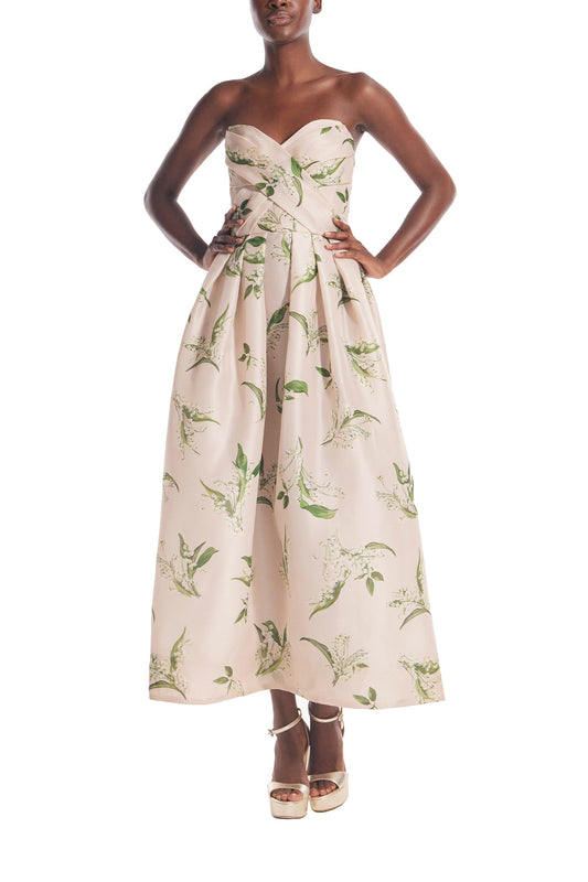 Monique Lhuillier strapless, midi length "Florette" dress in blush & leaf printed organza - front.