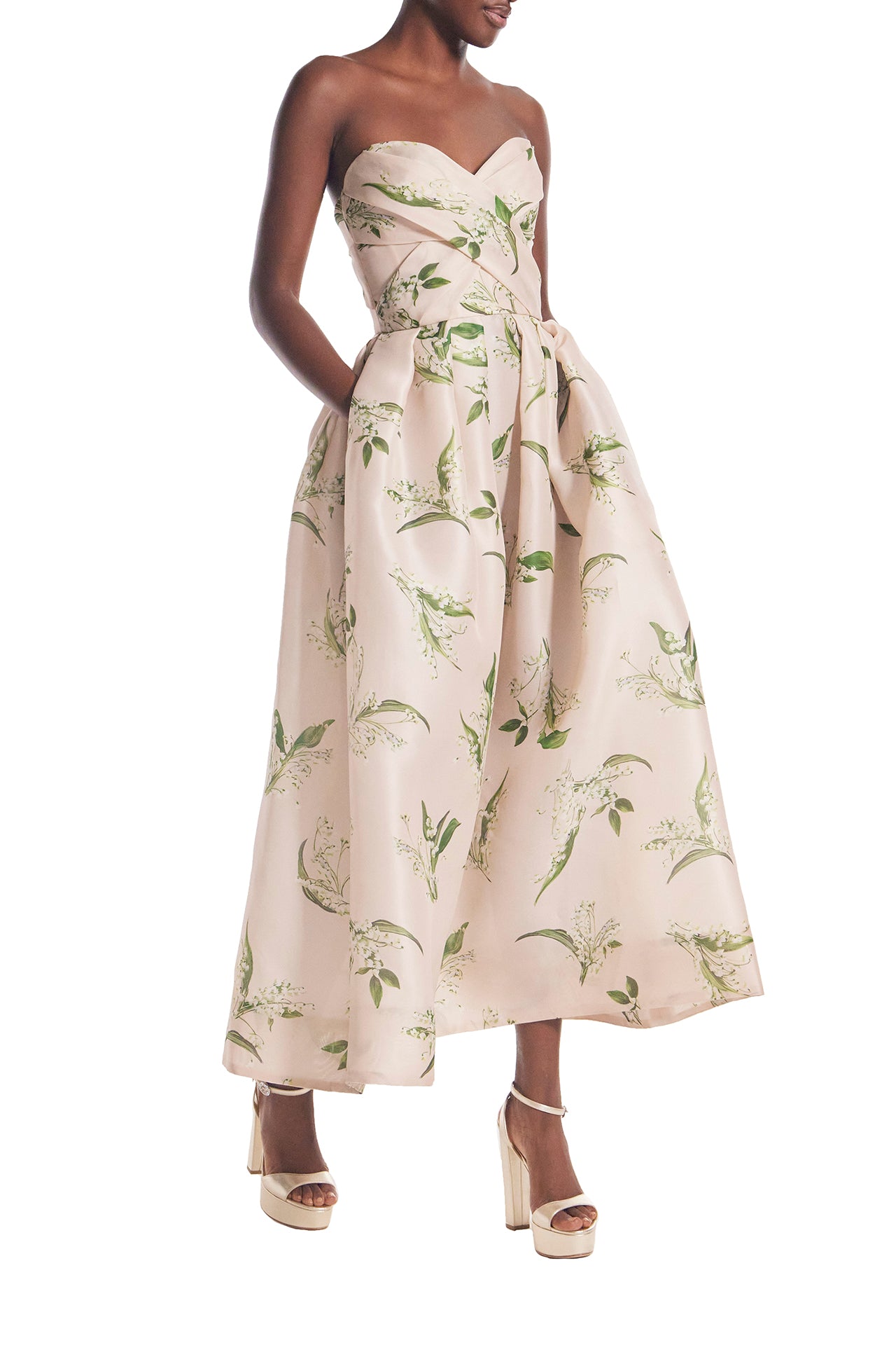 Monique Lhuillier strapless, midi length "Florette" dress in blush & leaf printed organza - side w pockets.