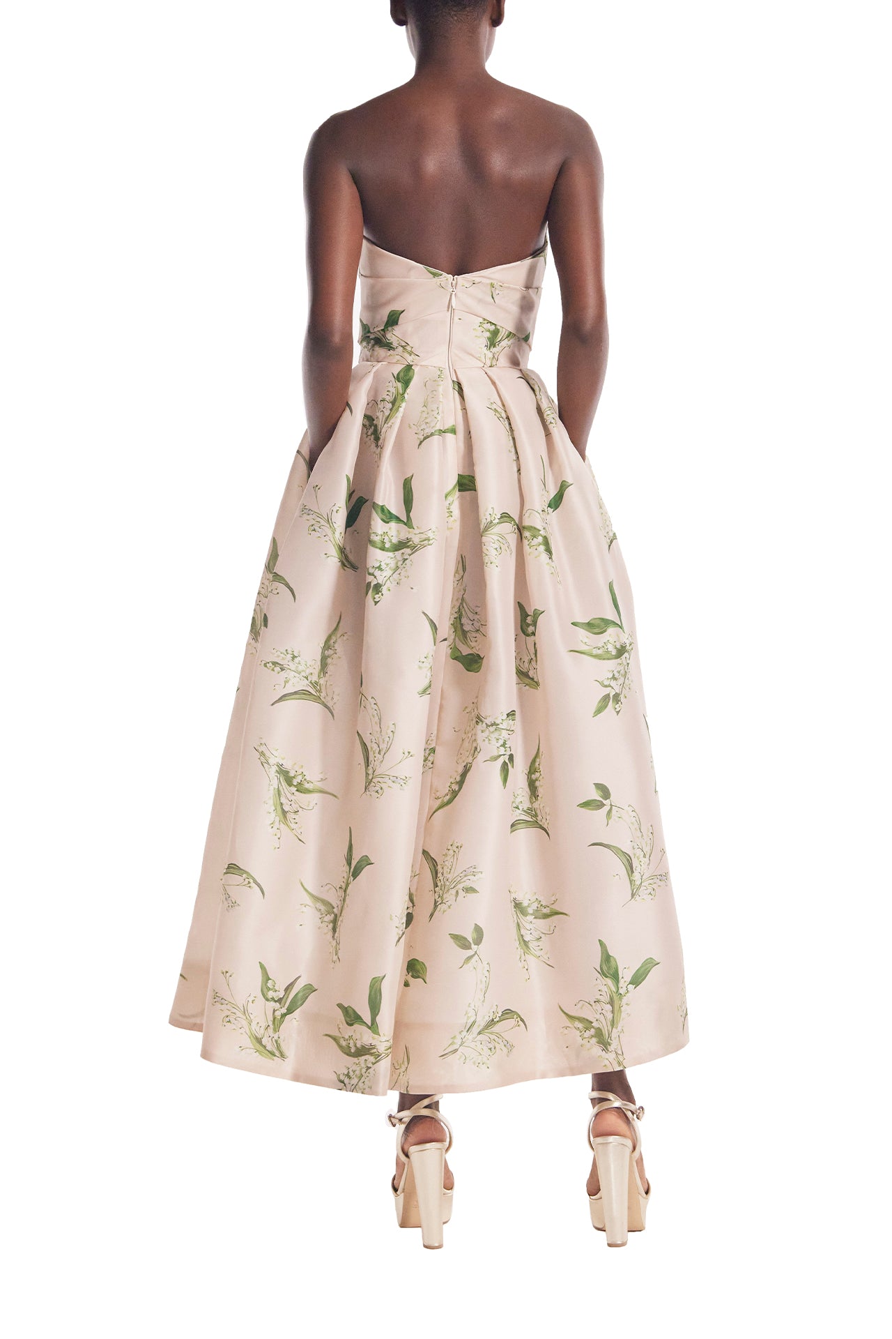 Monique Lhuillier strapless, midi length "Florette" dress in blush & leaf printed organza - back.