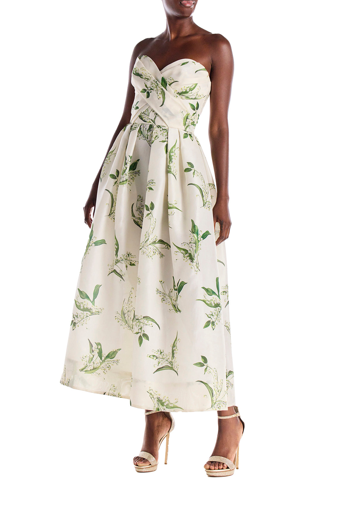 Monique Lhuillier "Florette Dress" - Strapless, tea-length dress with sweetheart neckline, full skirt and pockets in Silk White and Leaf floral printed organza - side.