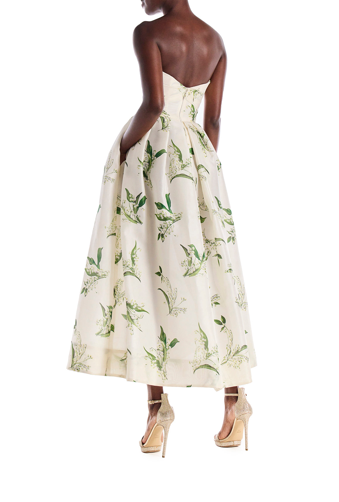 Monique Lhuillier "Florette Dress" - Strapless, tea-length dress with sweetheart neckline, full skirt and pockets in Silk White and Leaf floral printed organza - back with pockets.