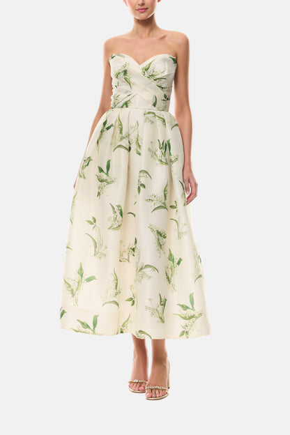 Monique Lhuillier Florette Silk White/Leaf Lily of the Valley-printed organza midi-length dress from The Bridal Edit - front.
