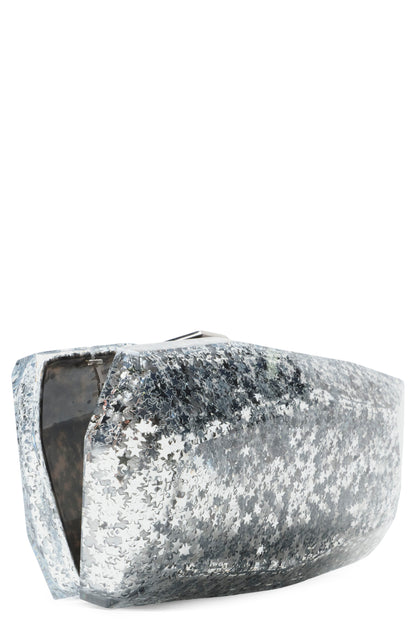 Monique Lhuillier lucite faceted minaudière handbag in Silver Star Glitter with detachable chain - open.