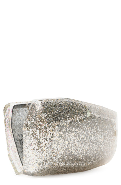 Monique Lhuillier lucite faceted minaudière handbag in Silver Glitter with detachable chain - open.