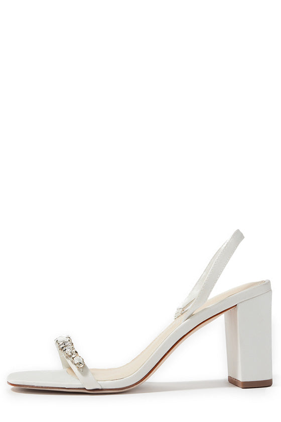 Monique Lhuillier Hollis heel in silk white satin with rhinestone toe strap and block heel.