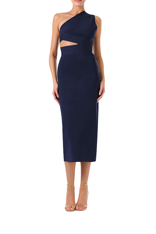 Monique Lhuillier Fall 2024 one shoulder, navy knit midi dress with side midriff and back cutouts - front.