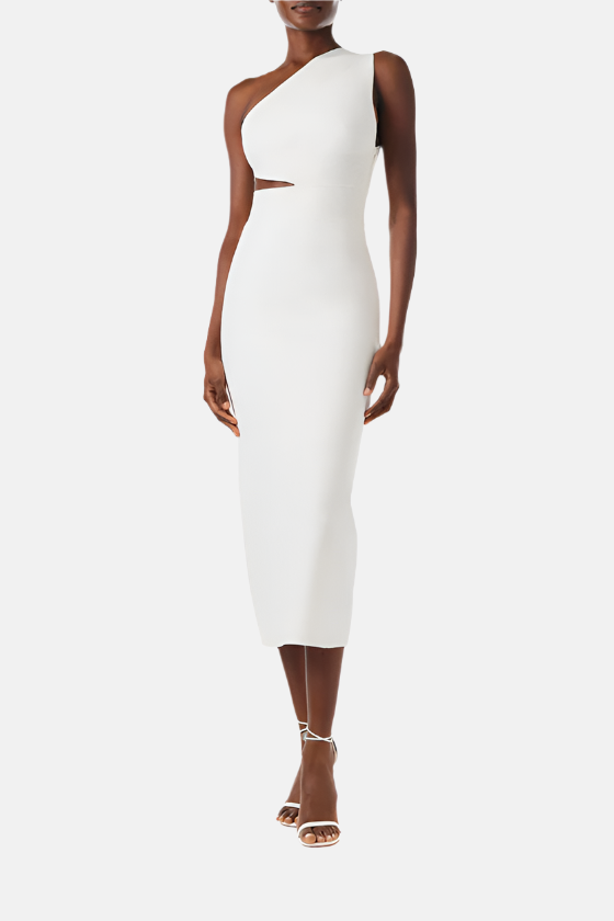 Monique Lhuillier Fall 2024 one shoulder, silk white knit midi dress with side midriff and back cutouts - front.