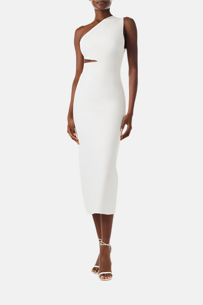 Monique Lhuillier Fall 2024 one shoulder, silk white knit midi dress with side midriff and back cutouts - front.