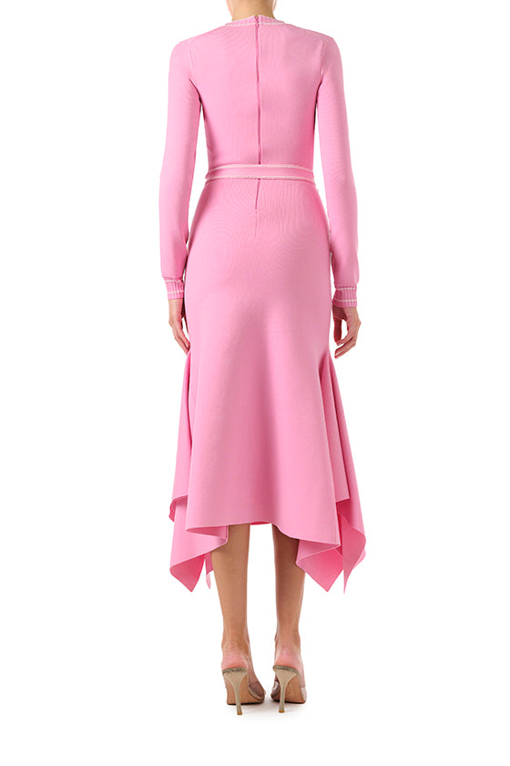 Monique Lhuillier Fall 2024 pink knit long sleeve dress with handkerchief hem and self-tie belt - back.