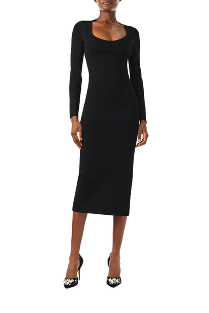 Monique Lhuillier Fall 2024 black knit midi dress with scoop neck and long sleeves - front.