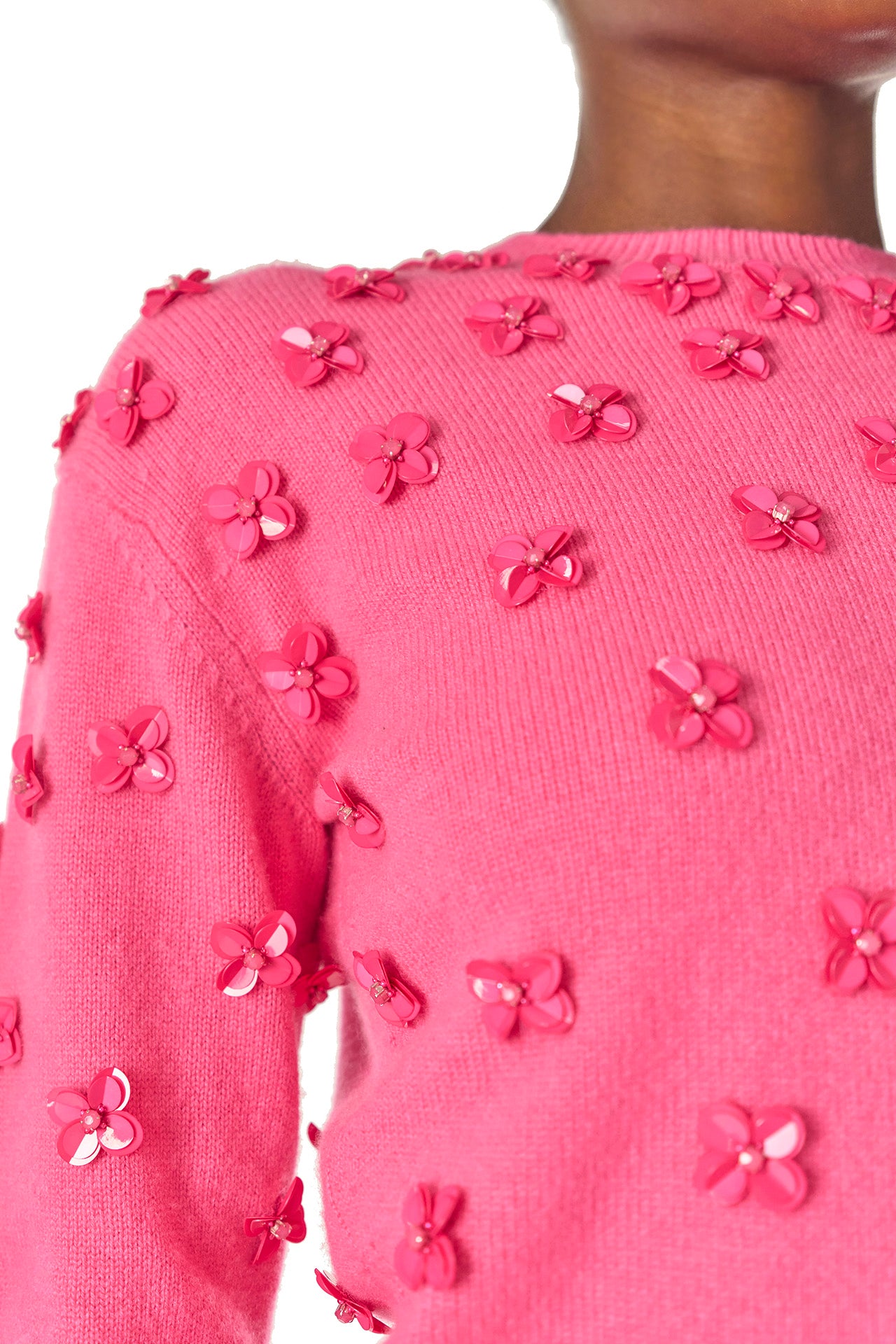 Monique Lhuillier Spring 2025 3/4 sleeve embroidered cashmere crewneck sweater in Hibiscus color - embroidery detail.
