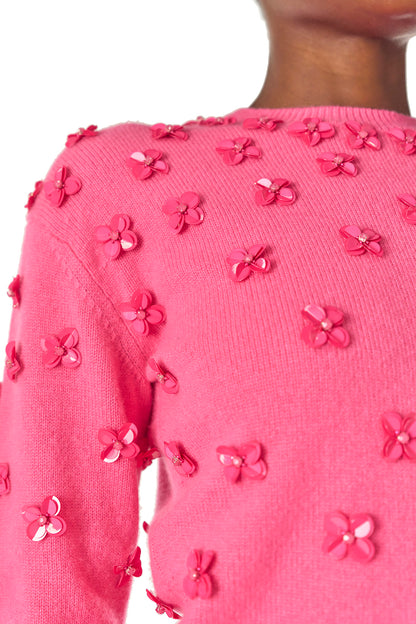 Monique Lhuillier Spring 2025 3/4 sleeve embroidered cashmere crewneck sweater in Hibiscus color - embroidery detail.