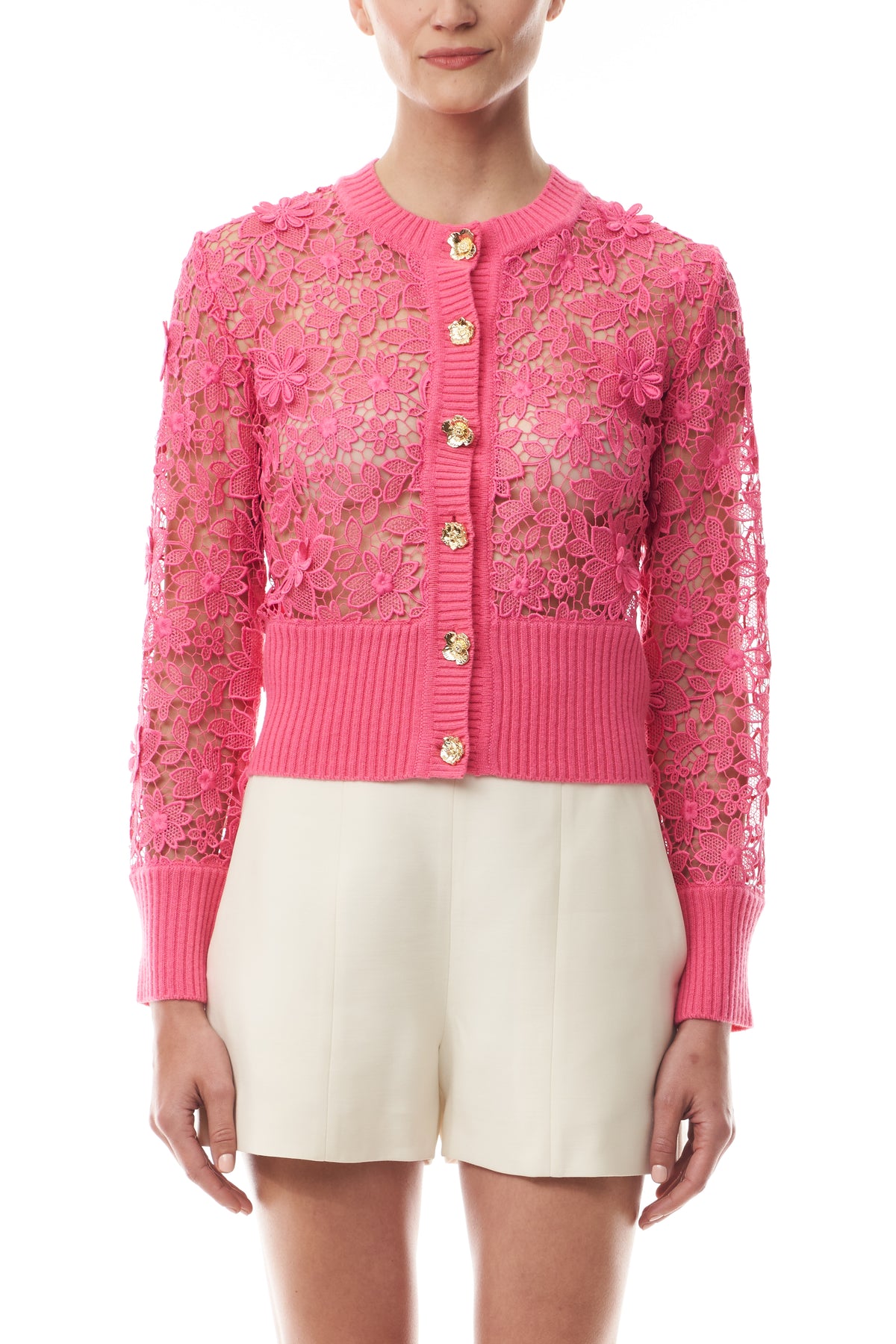 Monique Lhuillier Spring 2025 hibiscus lace cardigan with gold buttons - front crop.