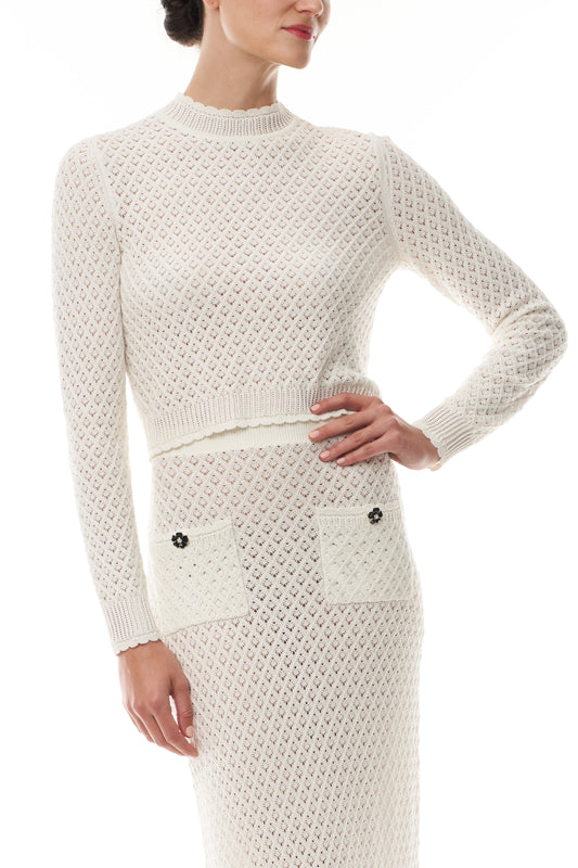 Monique Lhuillier Fall 2025 cotton diamond lace knit long sleeve top and midi skirt- fabric.