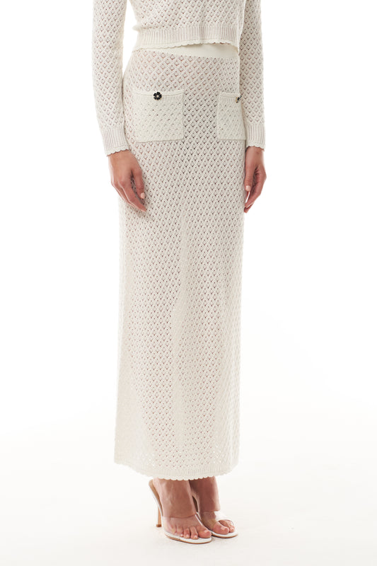 Monique Lhuillier Fall 2025 cotton diamond lace knit long sleeve top and midi skirt- fabric.