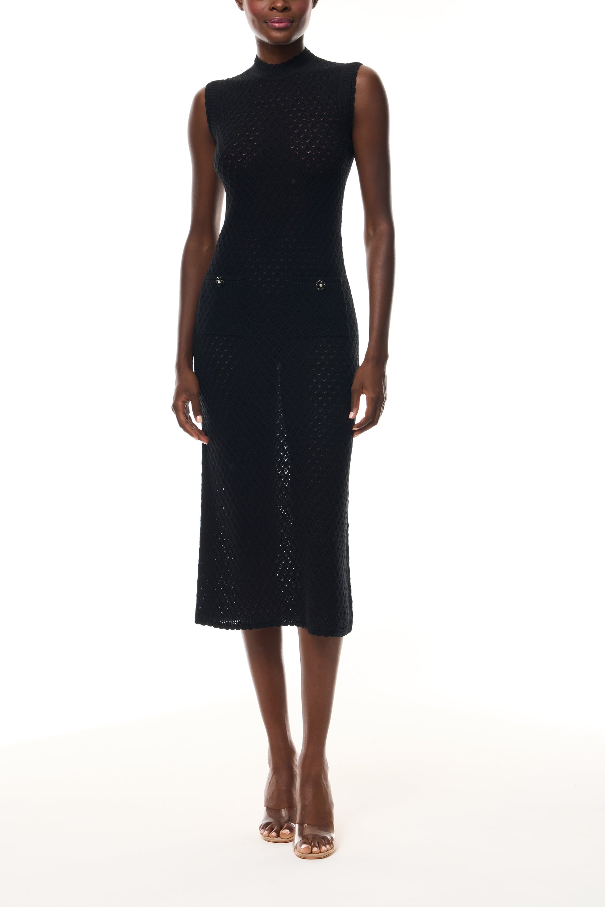 Monique Lhuillier Fall 2025 RTW Noir Sleeveless Shift Dress in  Cotton Diamond Lace knit with two front pockets - front.