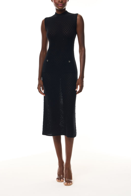 Monique Lhuillier Fall 2025 RTW Noir Sleeveless Shift Dress in  Cotton Diamond Lace knit with two front pockets - front.