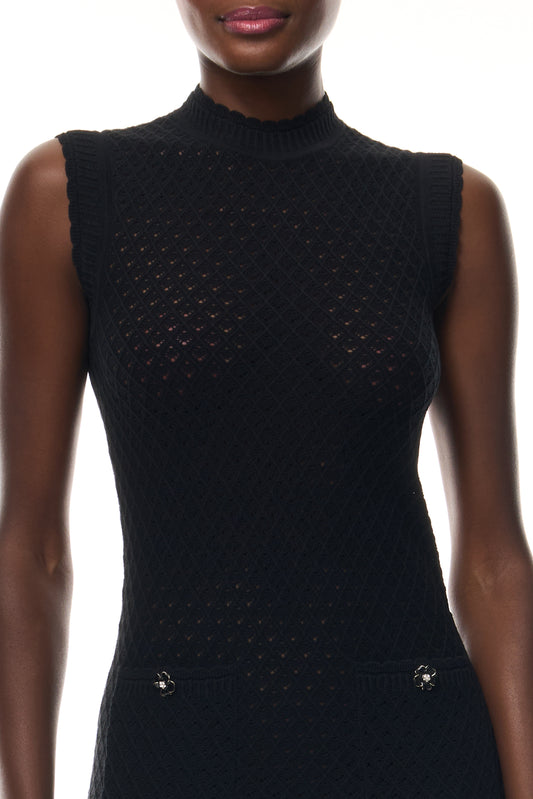 Monique Lhuillier Fall 2025 RTW Noir Sleeveless Shift Dress in  Cotton Diamond Lace knit with two front pockets - fabric.