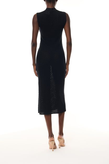 Monique Lhuillier Fall 2025 RTW Noir Sleeveless Shift Dress in  Cotton Diamond Lace knit with two front pockets - back.