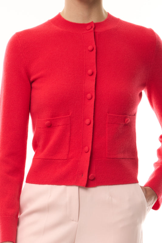 Monique Lhuillier Spring 2026 long sleeve Poppy Cashmere Cardigan with pockets and button front closure- fabric.