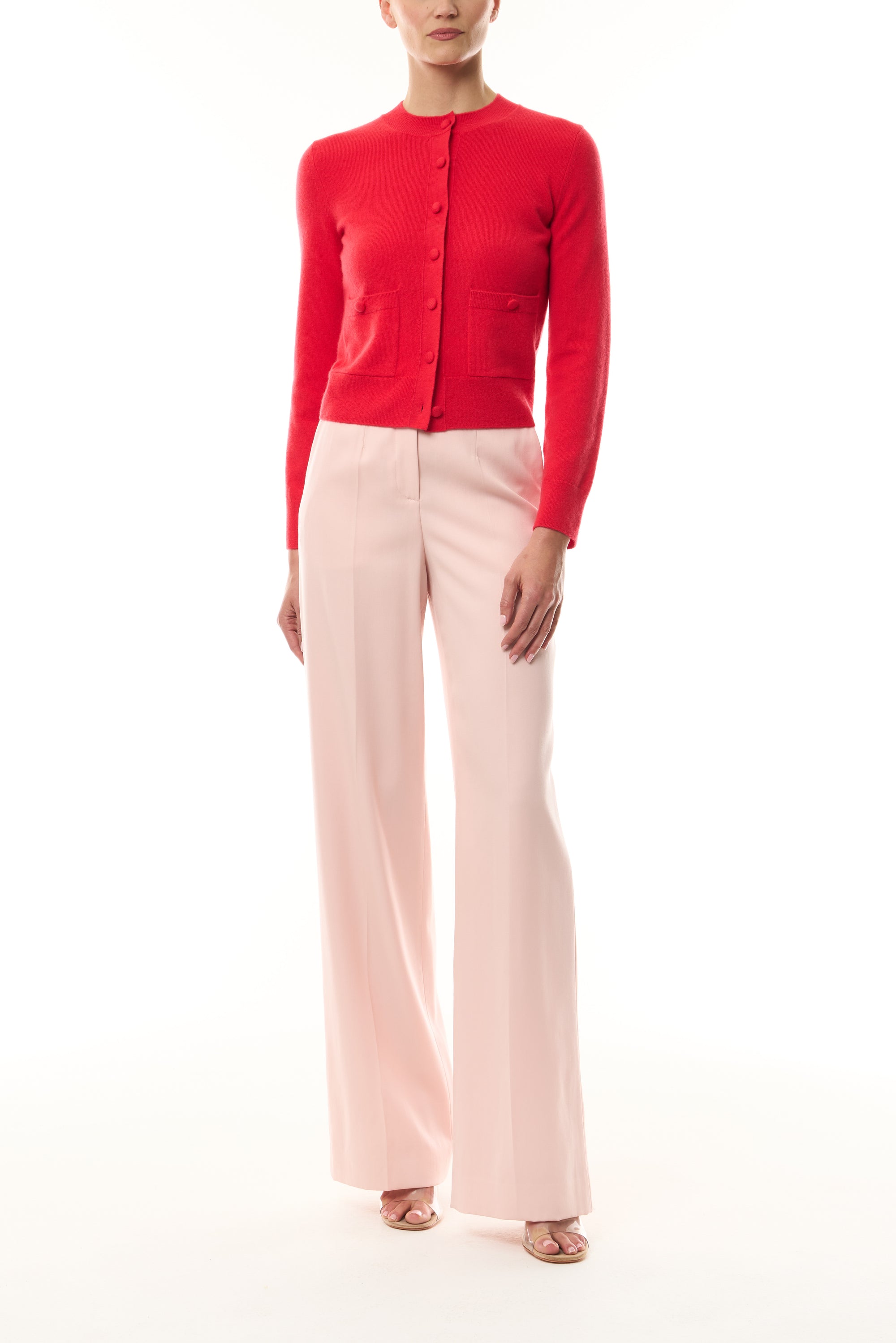 Monique Lhuillier Spring 2026 long sleeve Poppy Cashmere Cardigan with pockets and button front closure-  front.