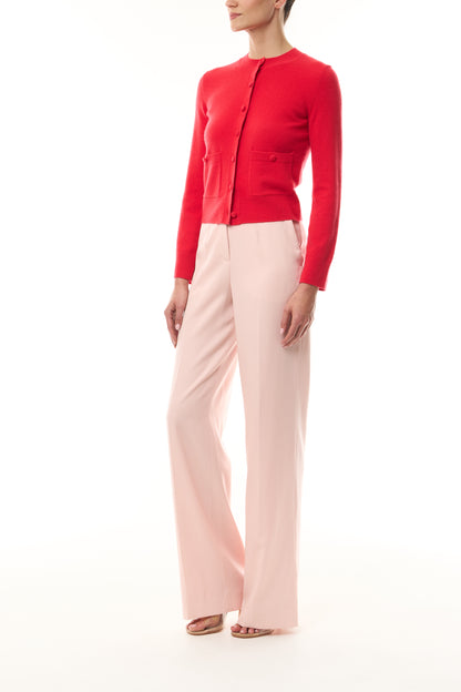 Monique Lhuillier Spring 2026 long sleeve Poppy Cashmere Cardigan with pockets and button front closure- side.