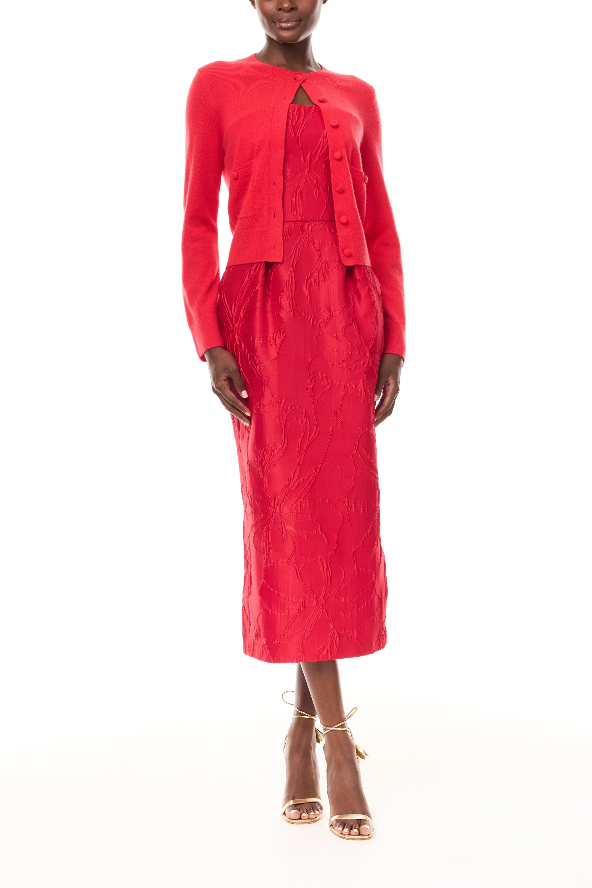 Monique Lhuillier Spring 2026 long sleeve Poppy Cashmere Cardigan with pockets and button front closure-  front.