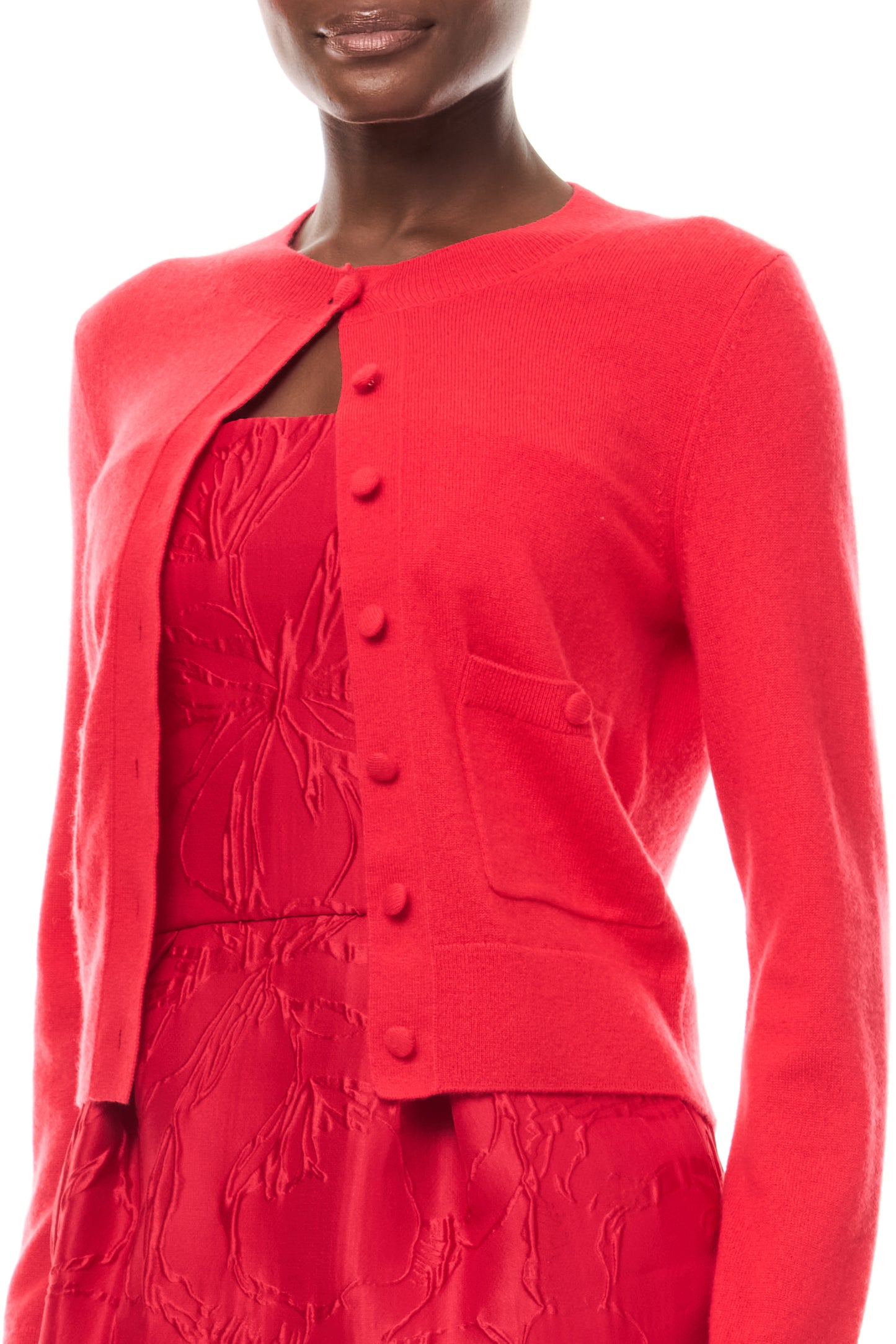 Monique Lhuillier Spring 2026 long sleeve Poppy Cashmere Cardigan with pockets and button front closure- fabric.
