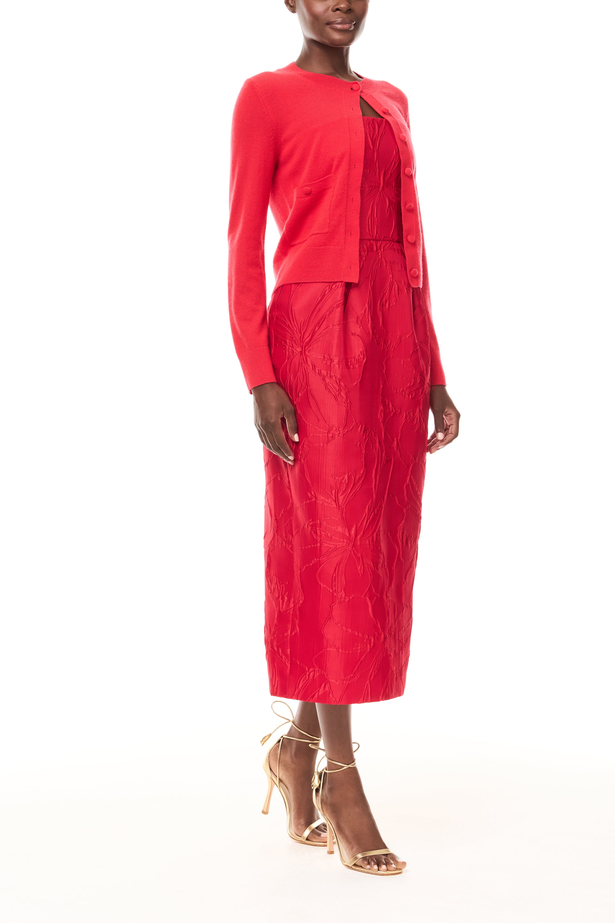 Monique Lhuillier Spring 2026 long sleeve Poppy Cashmere Cardigan with pockets and button front closure- side.