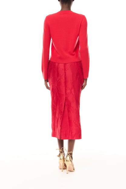 Monique Lhuillier Spring 2026 long sleeve Poppy Cashmere Cardigan with pockets and button front closure- back.