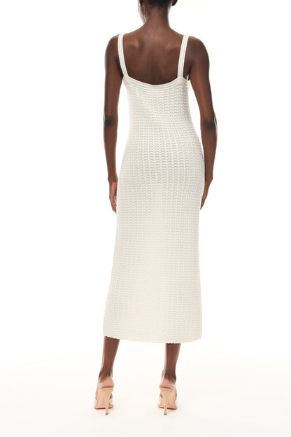 Monique Lhuillier Spring 2026 Ivory Cotton Viscose Knit Lace stitch sleeveless dress with gold buttons - back.