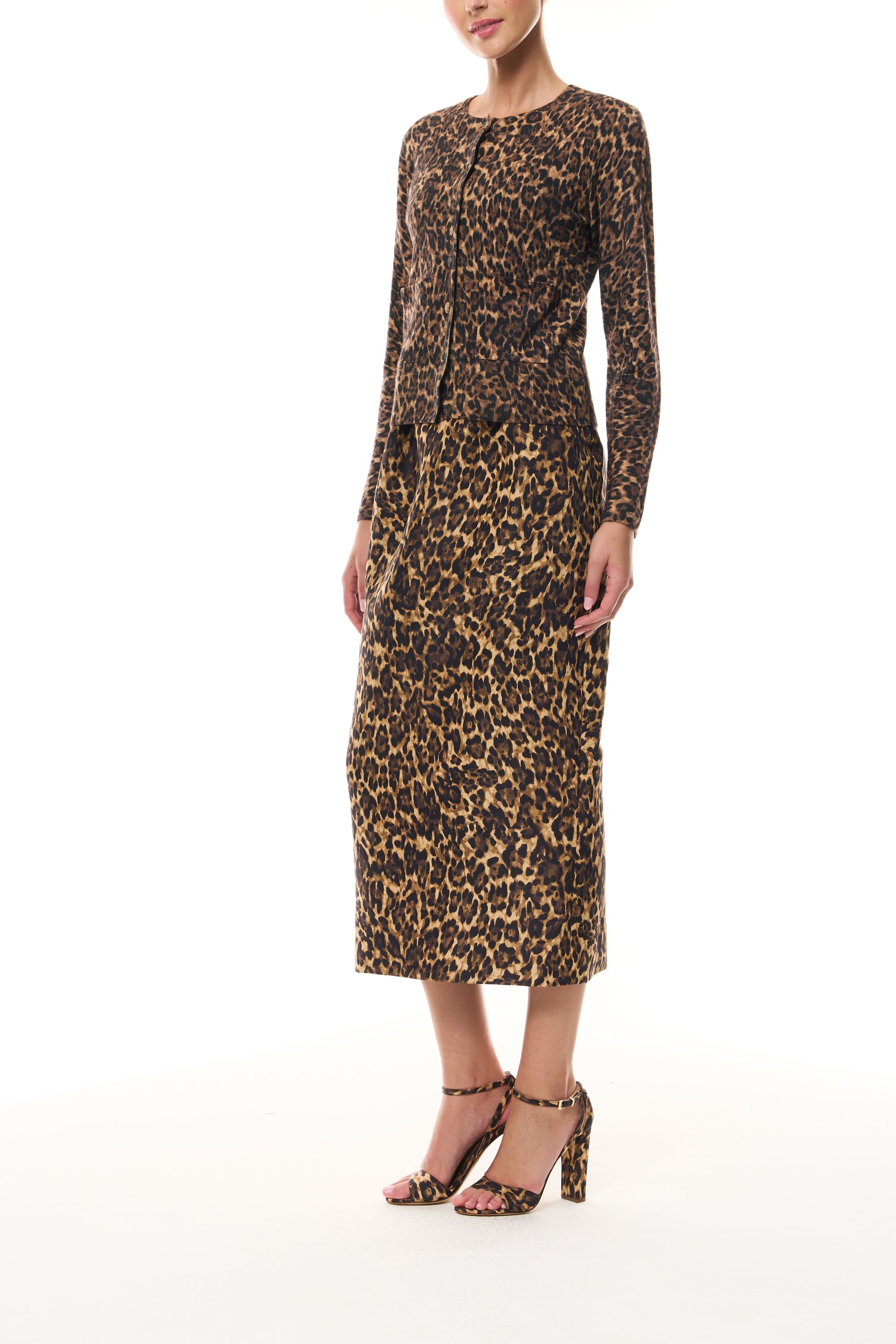 Monique Lhuillier Spring 2026 Leopard Printed Cashmere knit cardigan - side.