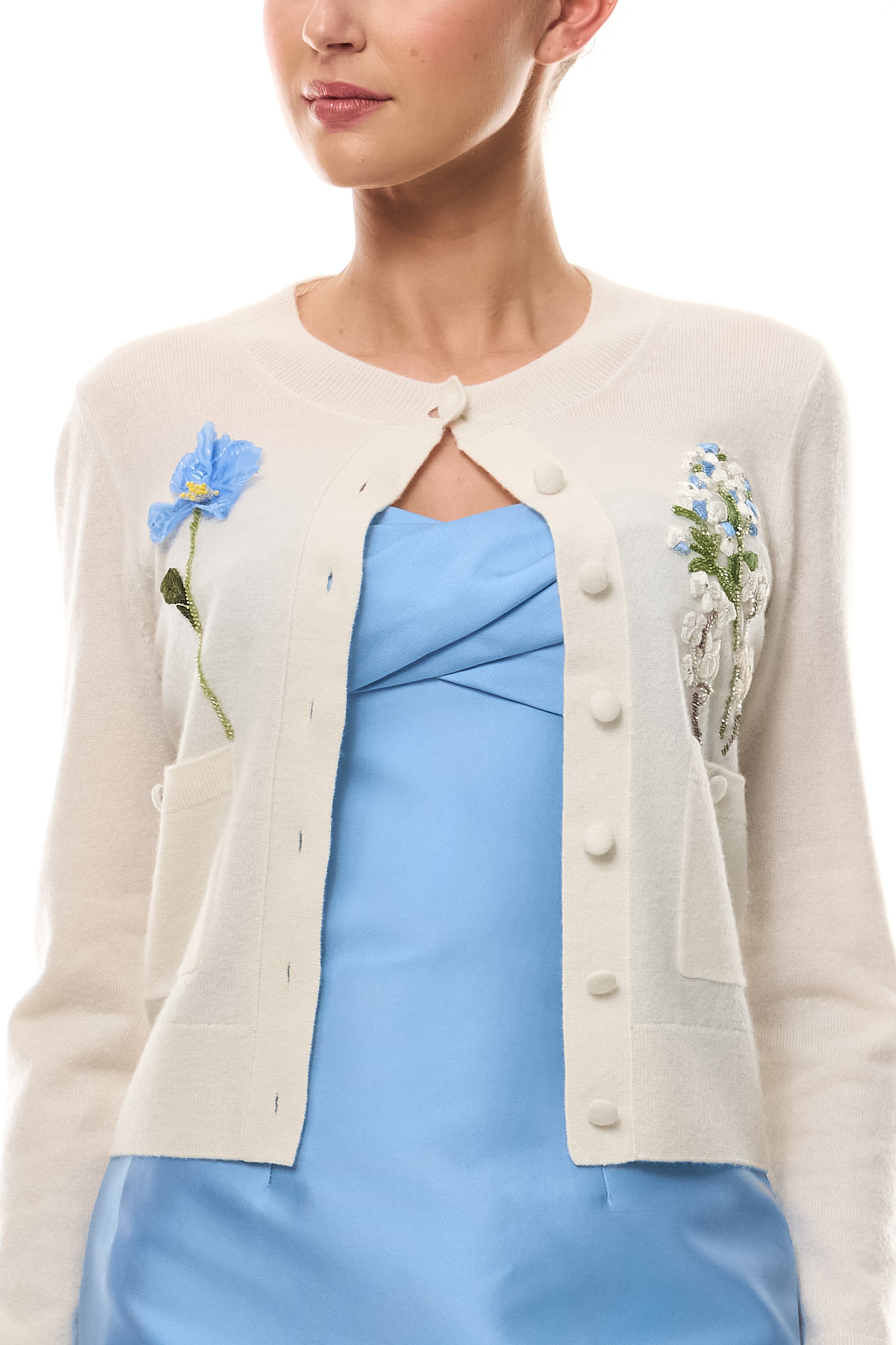 Monique Lhuillier Spring 2026  Ivory Cashmere long sleeve Cardigan with floral embroidery and pockets - fabric.