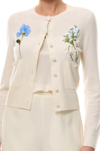 Monique Lhuillier Spring 2026  Ivory Cashmere long sleeve Cardigan with floral embroidery and pockets - fabric. 