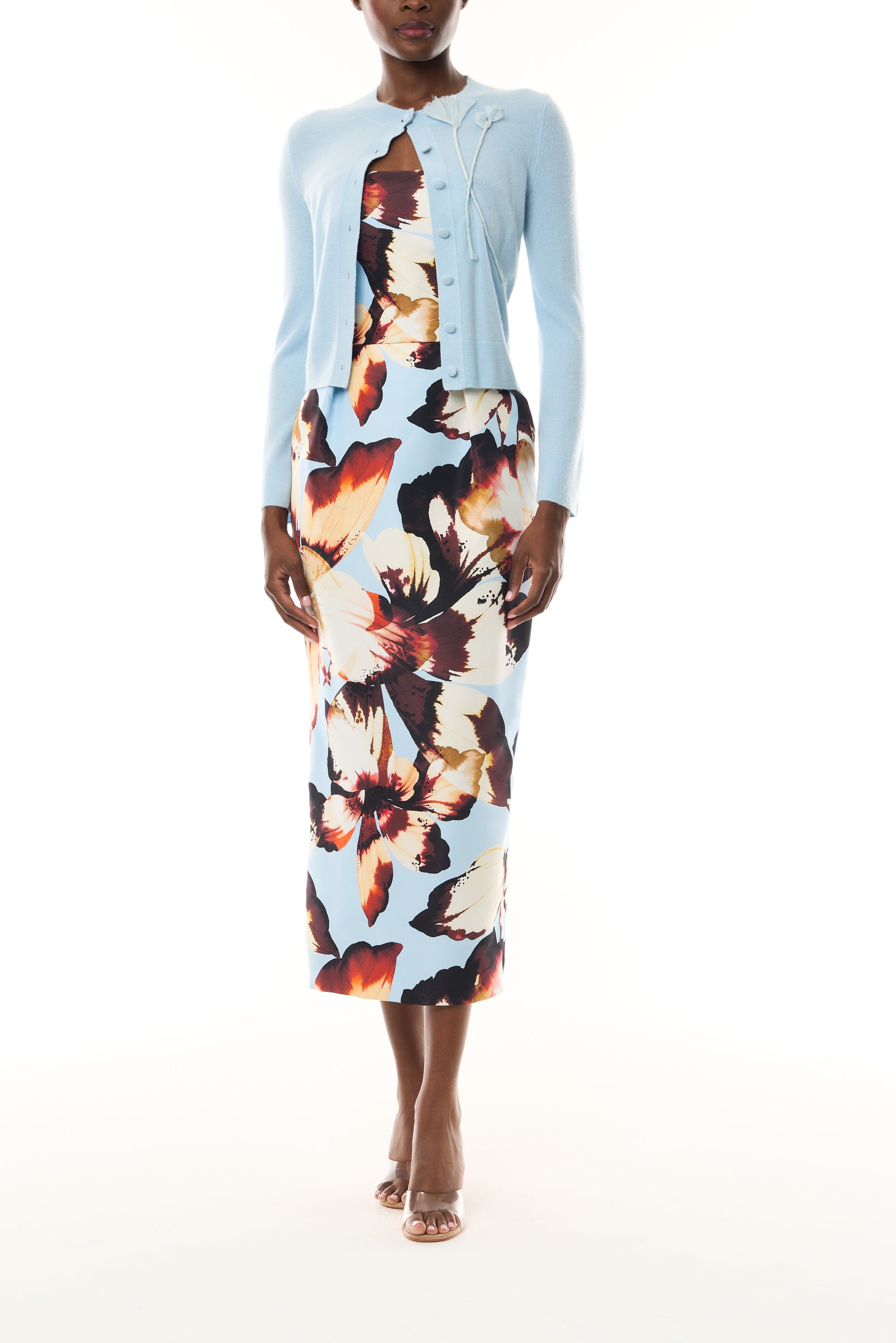 Monique Lhuillier Fall 2026 pale blue cashmere cardigan with floral applique - front.