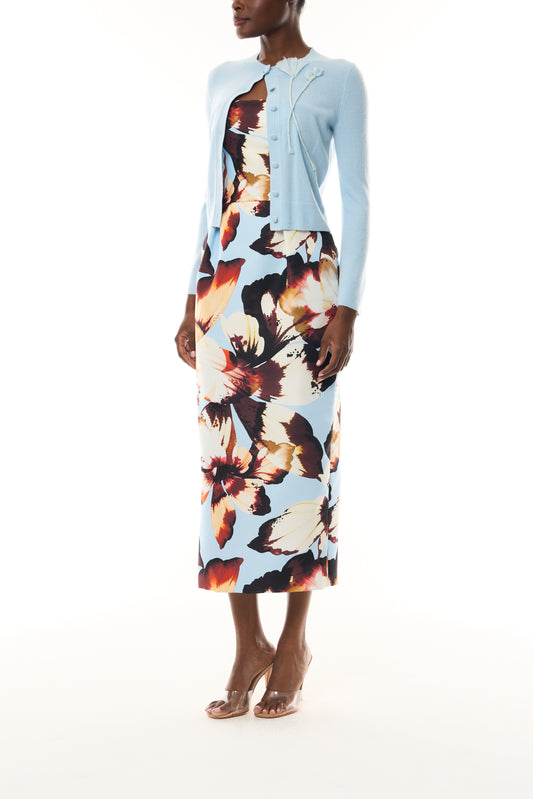 Monique Lhuillier Fall 2026 pale blue cashmere cardigan with floral applique - side.