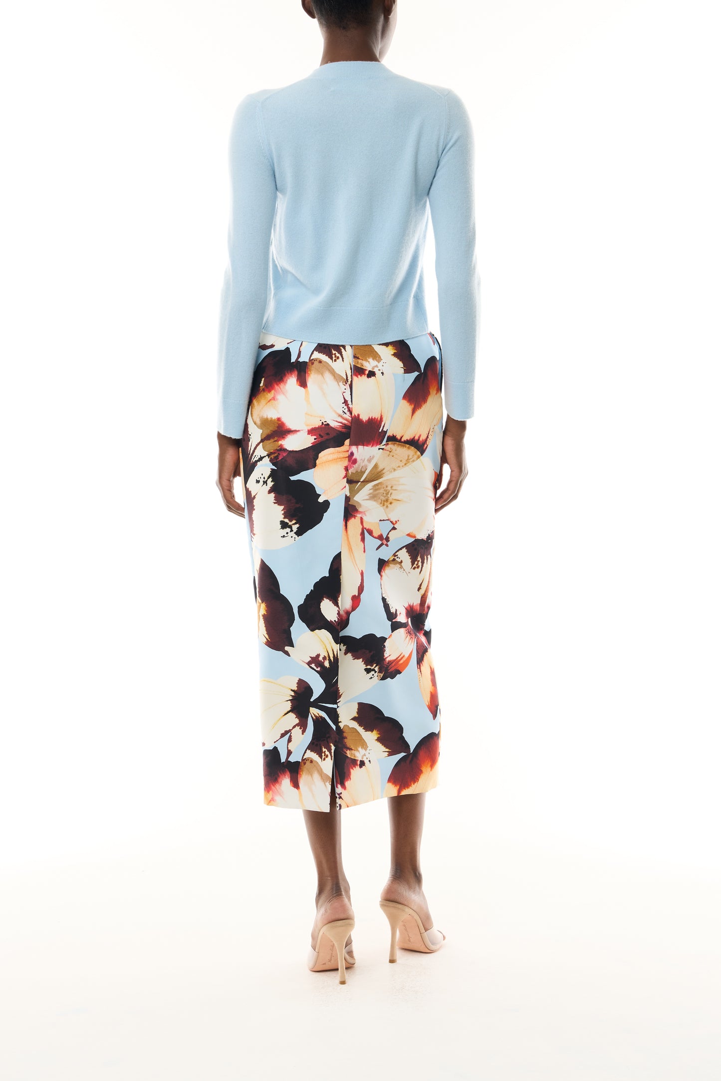 Monique Lhuillier Fall 2026 pale blue cashmere cardigan with floral applique - back.