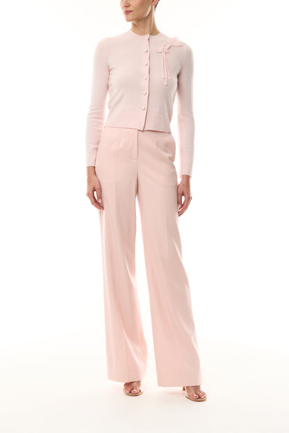 Monique Lhuillier Fall 2026 pale pink cashmere cardigan with floral applique - front.